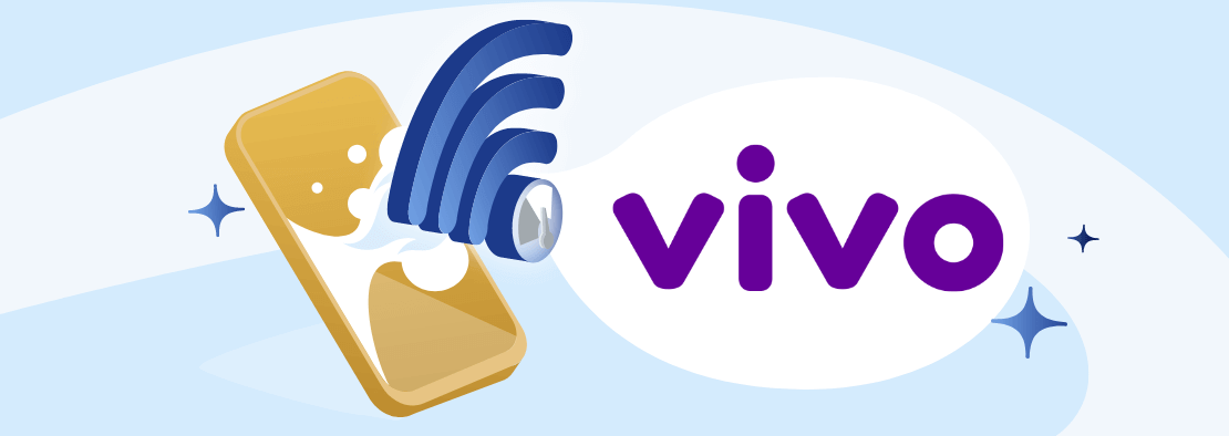 Logomarca da operadora Vivo, no centro-esquerdo em um fundo branco. Desenho de um aparelho celular e do símbolo do wi-fi em um fundo branco.