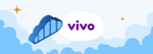 Logomarca da Vivo no centro com um fundo branco. Imagem com fundo azul e desenhos que fazem alusão à nuvem.