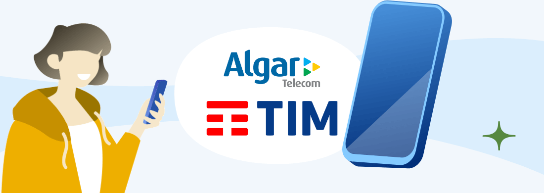 Mulher segurando celular, logos da Algar e da TIM