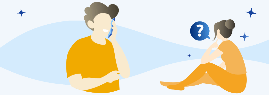 Desenho de um homem falando no celular e de uma mulher sentada com um símbolo de interrogação.  Fundo azul. 