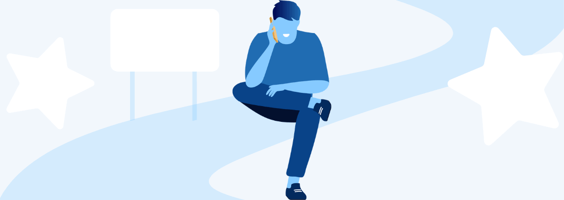 Desenho de um homem sentado fazendo uma chamada no centro, fundo azul com desenhos que fazem alusão à estrada.