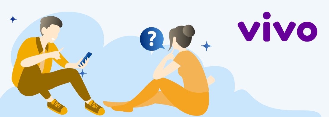 Logomarca da operadora Vivo. Desenho de um garoto sentado segurando um celular e uma menina na frente dele com uma caixa de diálogo com uma interrogação. Fundo azul.