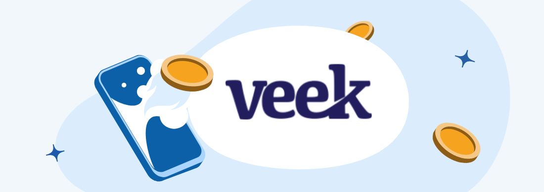 Ilustração de celular e moedas, logo da Veek
