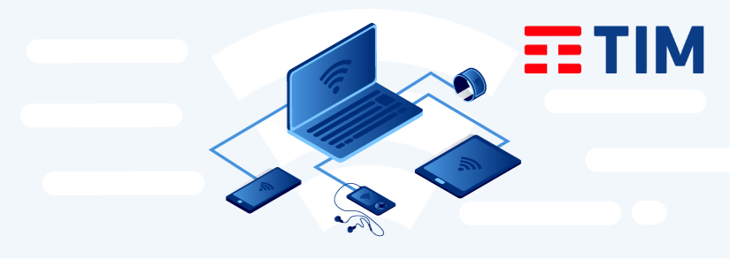 Desenho de notebook conectado a celular e tablet em fundo azul e logomarca da TIM em fundo branco