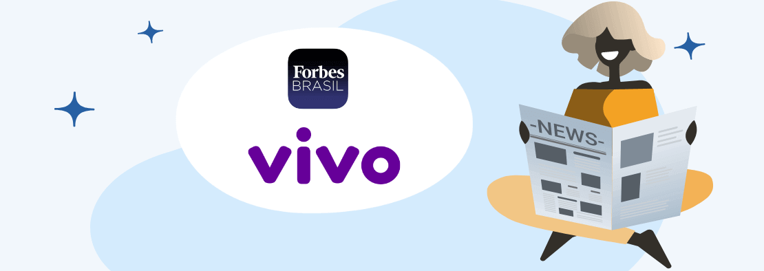 Logomarca da Vivo e do aplicativo Forbes Brasil. Um desenho de uma mulher sentada, lendo o jornal.
