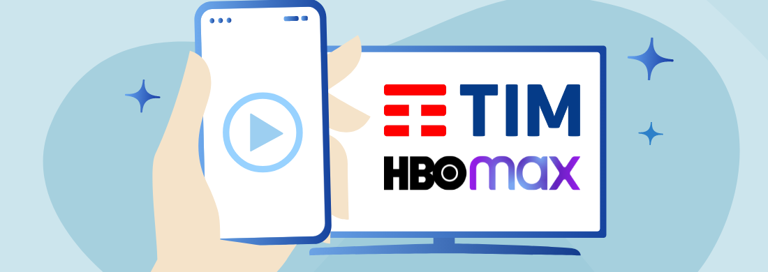 Ilustração de celular com simbolo "play" simbolizando um vídeo. TV com logo da TIM e HBO Max.