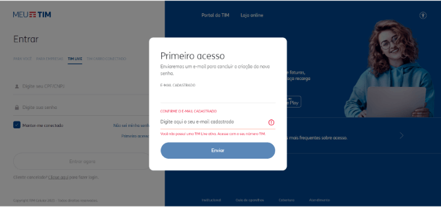 Informe o e-mail cadastrado na conta TIM Live