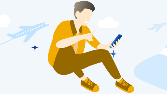 Desenho de um homem sentado com o celular na mão. Fundo azul com desenho de aviões.