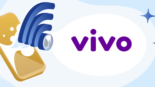 Logomarca da operadora Vivo no fundo branco e desenho de um celular com o símbolo do sinal do wi-fi. Fundo em dois tons de azul.