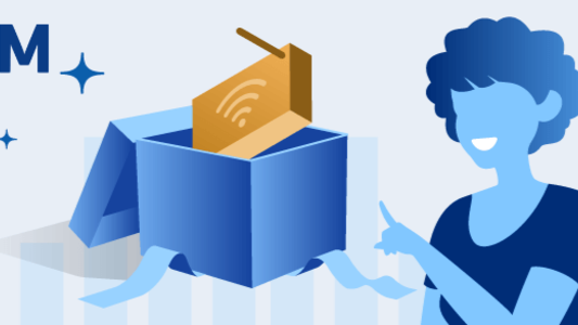 Desenho de uma mulher abrindo caixa de presente com modem no fundo azul e a logomarca da TIM no canto superior esquerdo