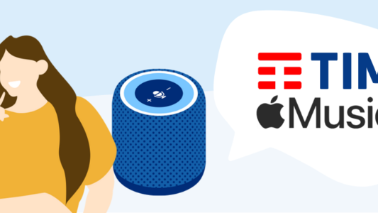 Ilustração com uma mulher, ao lado de uma caixa de som. Logo da TIM e Apple Music ao lado.