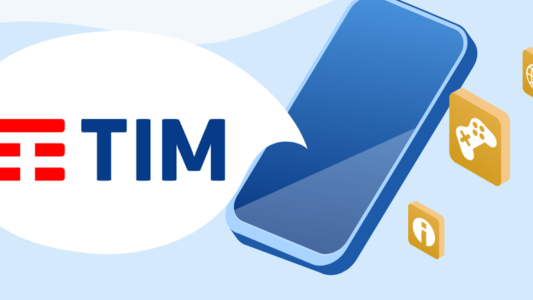 Ilustração com celular e diversos ícones representando funcionalidades do smartphone. Logo da TIM em um balão branco.