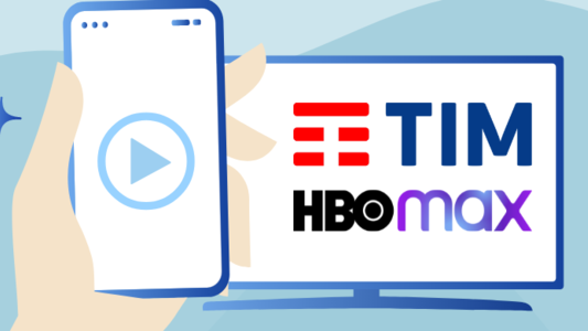 Ilustração de celular com simbolo "play" simbolizando um vídeo. TV com logo da TIM e HBO Max.