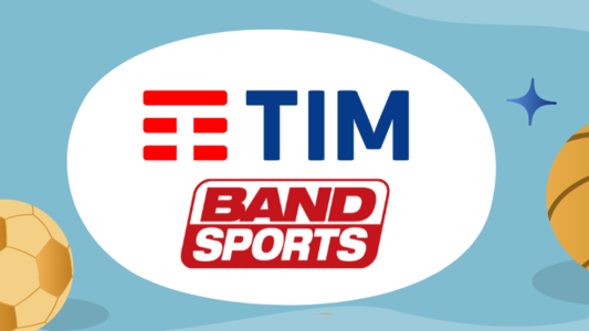 Ilustração de uma bola de futebol e de basquete. Logos da TIM e Band Sports ao centro