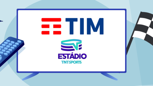 Ilustração com um controle remoto, uma TV e um simbolo de um bandeira de corrida. Logo da TIM e Estádio TNT Sports