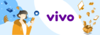 Logomarca da Vivo no centro, desenho de uma mulher com o celular na mão do lado esquerdo e do lado direito uma imagem de uma caixa de presentes