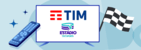 Ilustração com um controle remoto, uma TV e um simbolo de um bandeira de corrida. Logo da TIM e Estádio TNT Sports