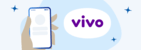 Logomarca da Vivo com um fundo branco e do lado esquerdo o desenho de uma mão segurando um celular